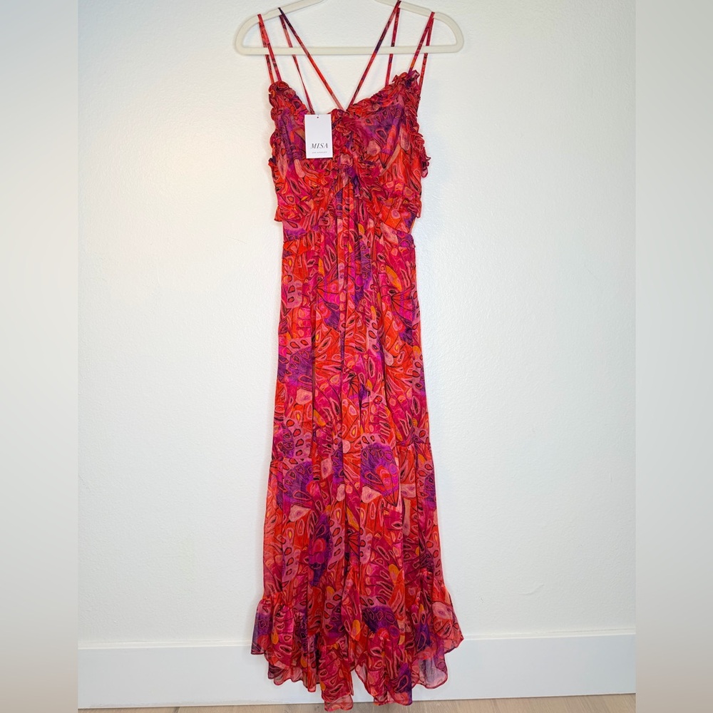 NWT MISA Los Angeles Adrienne Midi Chiffon Dress Abstract Butterfly Size Small